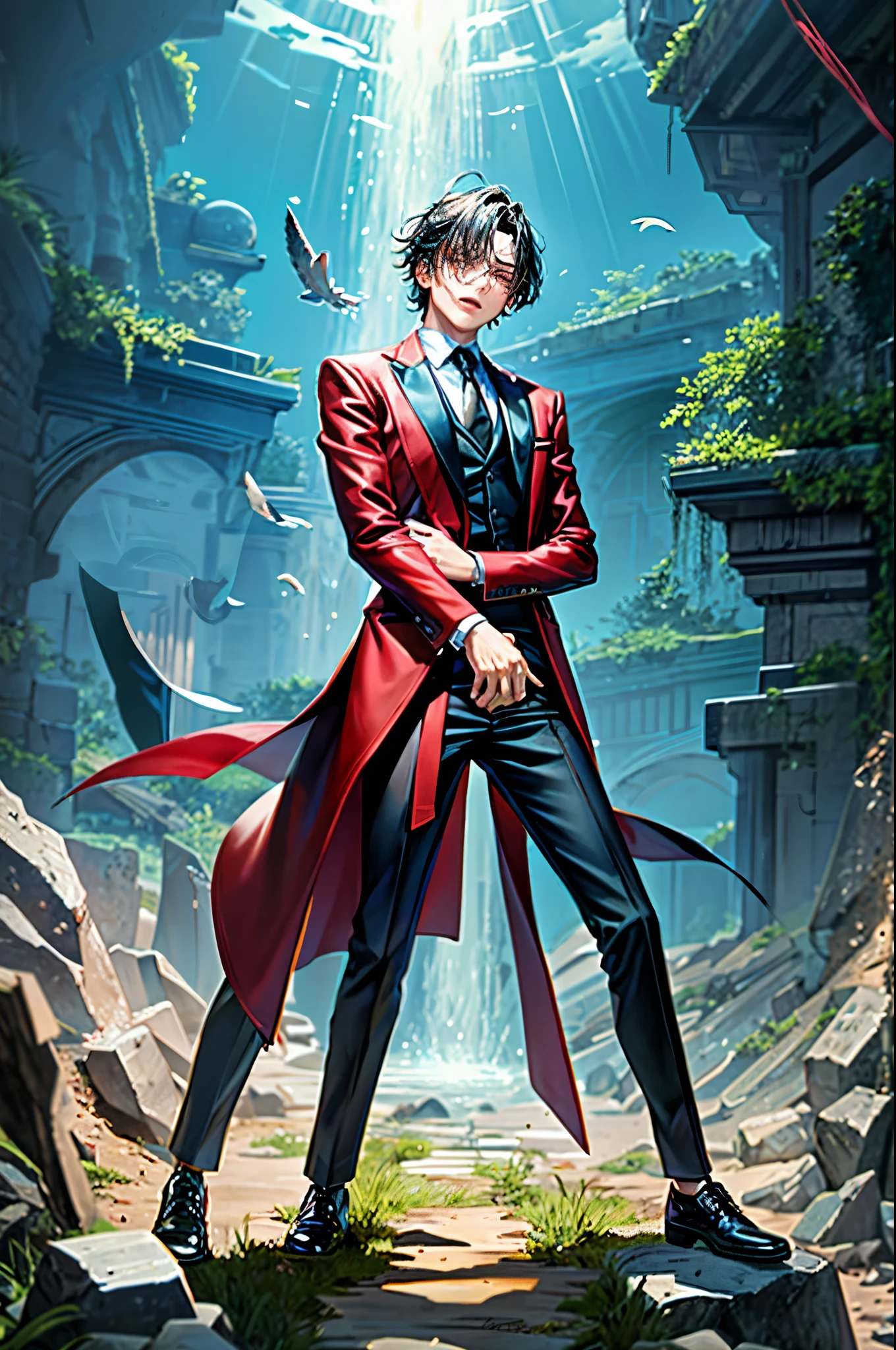 masterpiece, high quality, 20 years old man wearing a black suit jacket