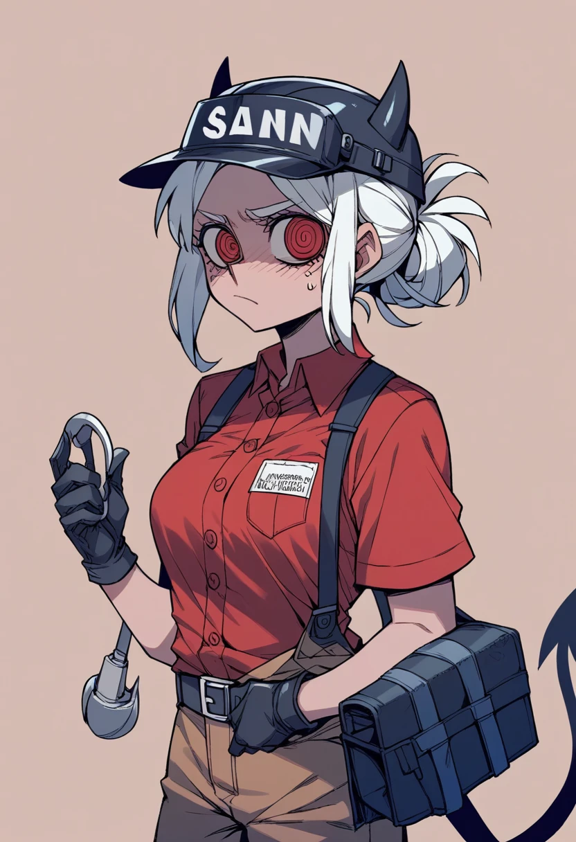 A female construction worker, as a Helltaker character with short white hair, wearing an Adrian helmet