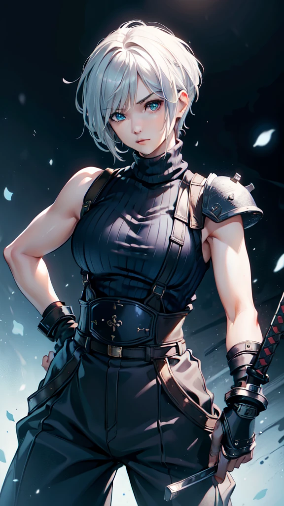 (masterpiece, best quality:1.2), expressive eyes, perfect face, highres, 1 girl, solo, (female:1.5), strife, short hair, shoulder armor, sleeveless turtleneck, suspenders, belt, gloves, bracer, standing, portrait, looking at viewer, White hair, Blue glowing eyes, holding a giant katana,