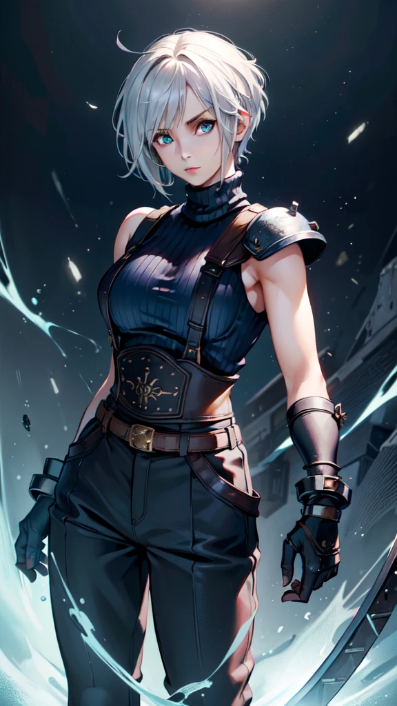 (masterpiece, best quality:1.2), expressive eyes, perfect face, highres, 1 girl, solo, (female:1.5), strife, short hair, shoulder armor, sleeveless turtleneck, suspenders, belt, gloves, bracer, standing, portrait, looking at viewer, White hair, Blue glowing eyes, holding a giant katana,