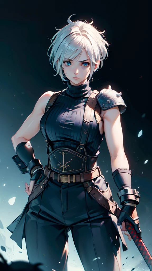 (masterpiece, best quality:1.2), expressive eyes, perfect face, highres, 1 girl, solo, (female:1.5), strife, short hair, shoulder armor, sleeveless turtleneck, suspenders, belt, gloves, bracer, standing, portrait, looking at viewer, White hair, Blue glowing eyes, holding a giant katana,