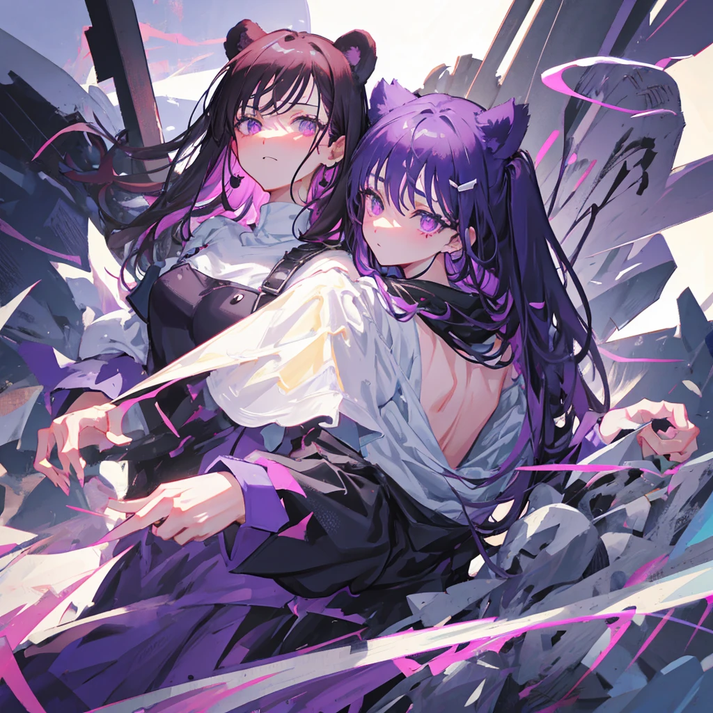 a female character for a soul eater style anime with these characteristics:
- A bear-woman demi-human (just bear paws and ears)
- Scar on the cheek and neck - Lifeless dark purple eyes and short dark purple hair - An extremely tired look - Above average breasts, while the rest of the proportions are average - His clothes are leather armor with iron plates on his chest, shoulders,knees."