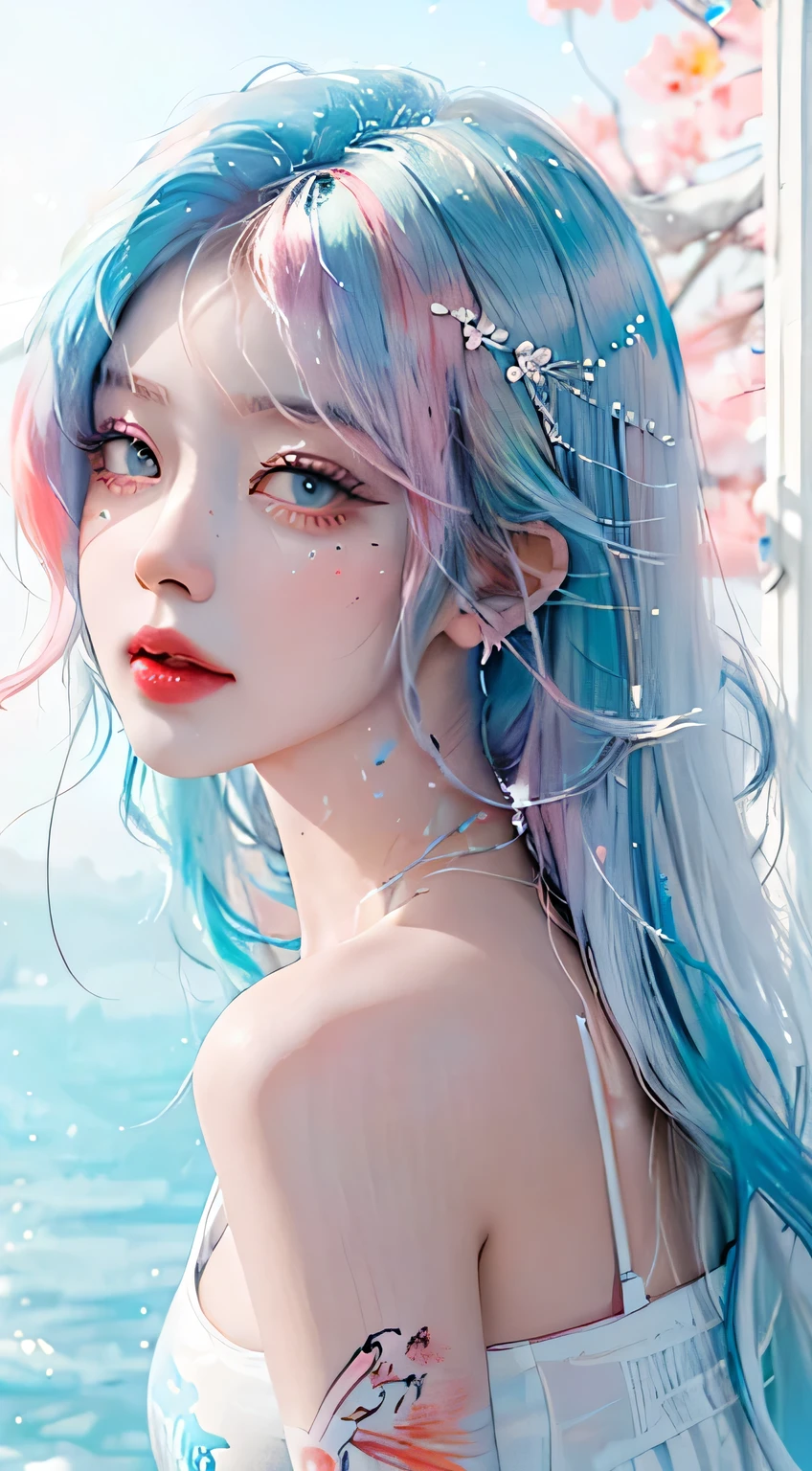 (masterpiece, Highest quality, High resolution), White Background, Acrylic paint, ((Color Splash, Ink splash, Color Splash)), Kind Chinese girl, Long Light blue hair, [Light blue|pink] hair, Curly hair, Sparkling, Peach-colored lips, White shirt, front, Upper Body