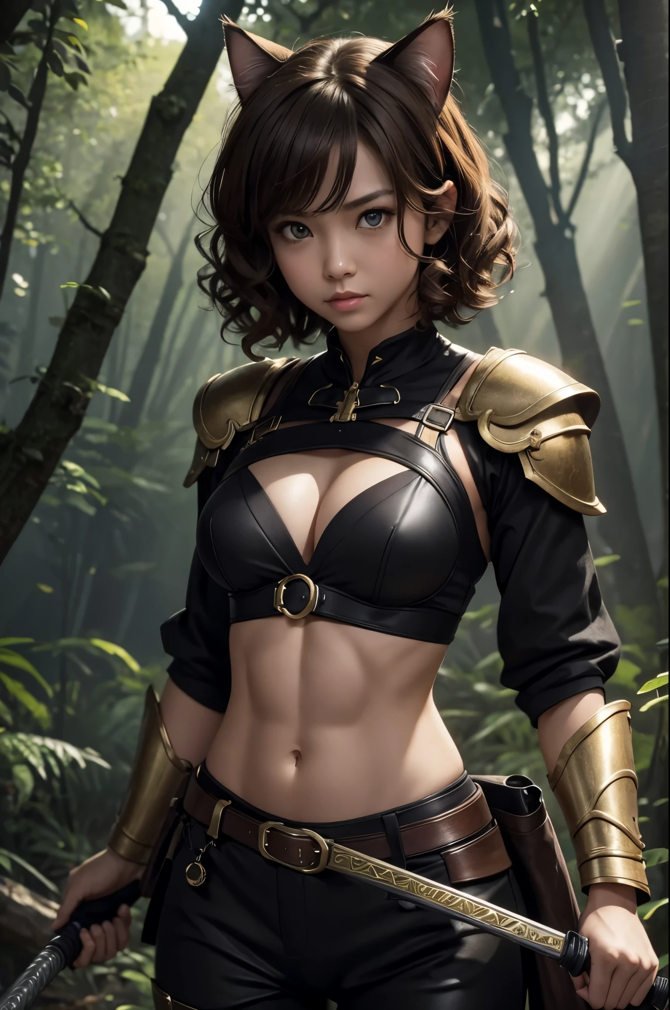 8K,写真を撮るsmall breasts cat girl, small breasts cat girl, Her light brown hair and short curly hair are attractive., Fantasy art, little cat girl, Vojtek Fuss,Very small yellow and black chest armor, Chiquita, Trending on cgstation,In the woods,Grim expression,Light brown permed short hair,attractive,Ultra-high resolution,Realistic Skin,has cat eyes,Rich colors, Backlight, Cinema Lighting, Film Grain, 50mm lens, Nikon D850,Ultra-high resolution,Ultra-realistic,Compensate,Super sexy,Very violently、Strong abdominal muscles,Big eyes,whole body muscular,concentrated,Strengthen all your muscles,Dynamic pose,と黒のVery small breastsの胸鎧,and black combat trousers,Very small breasts,Hold a short sword,anger,Combat,