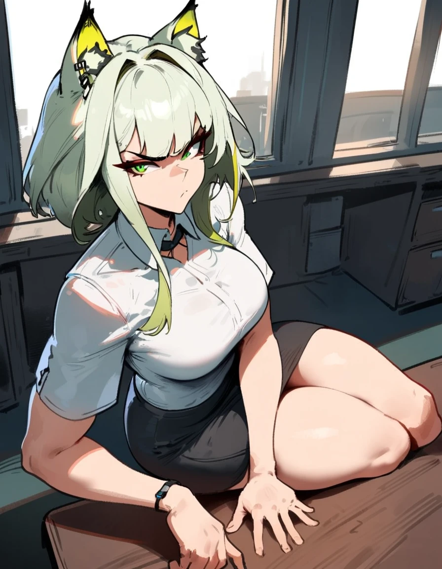 1girl, kal'tsit \(arknights\), arknights \\\\\ masterpiece, best quality, very aesthetic, absurdres, newest \\\\\\ slim body,///// ,by nyantcha,cutesexyrobutts , by khyle,,////// beautiful face, sexy, serious, angry, green eyes, animal ears, big tits, in the center of the frame,full body , solo,office lady uniform, office, sit on table,skirt