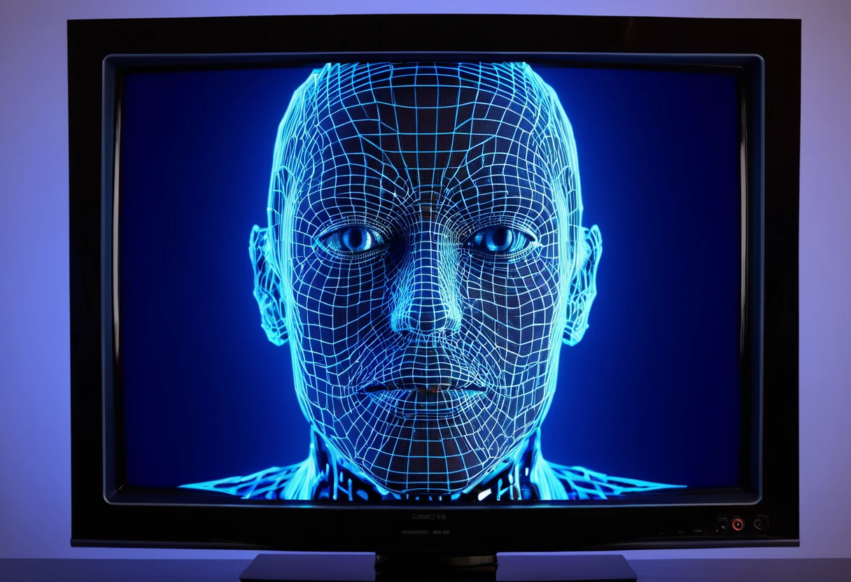 a cybernetic face comming out from a flat screen like 3d going out from tv