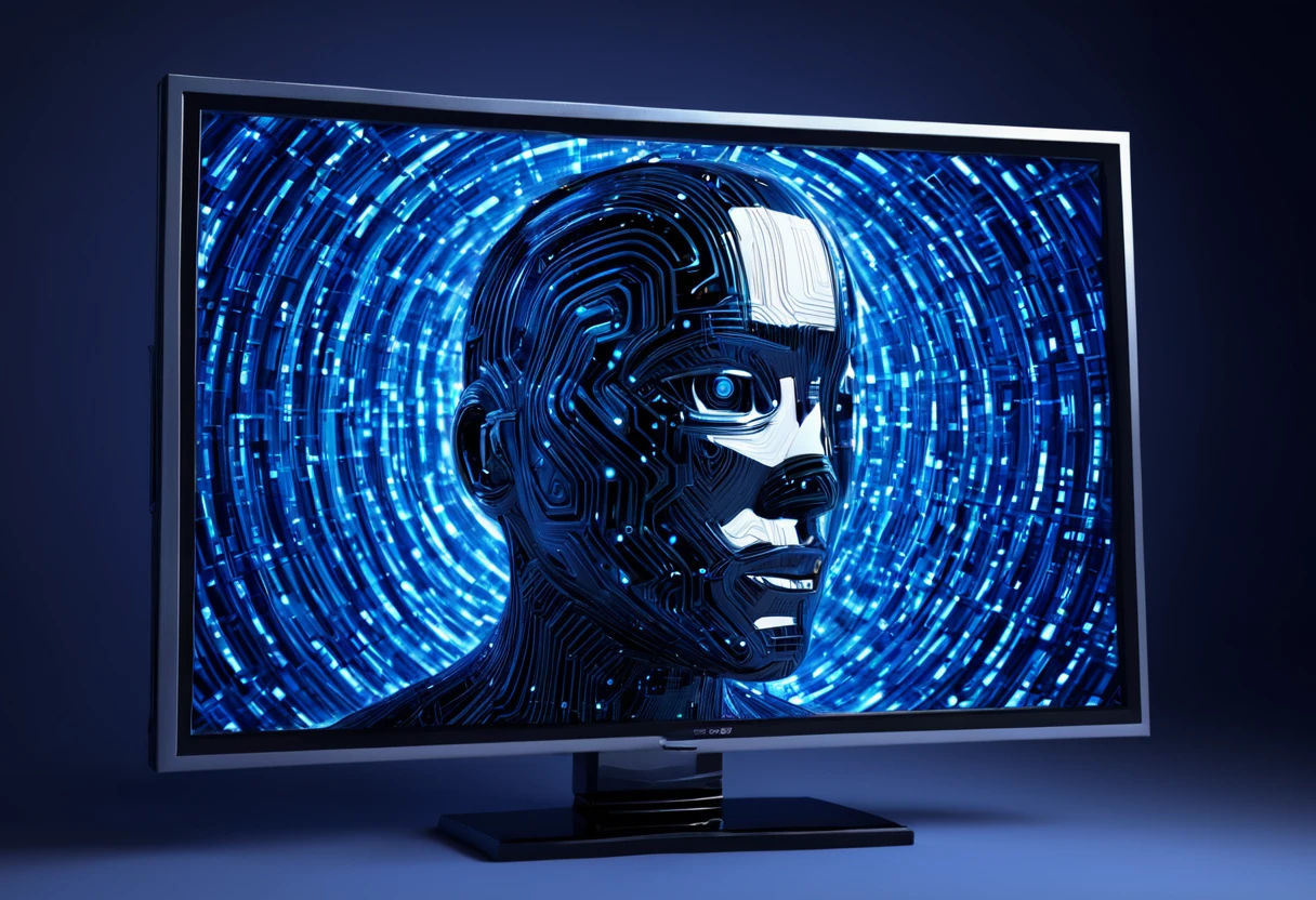 a cybernetic face comming out from a flat screen like 3d going out from tv