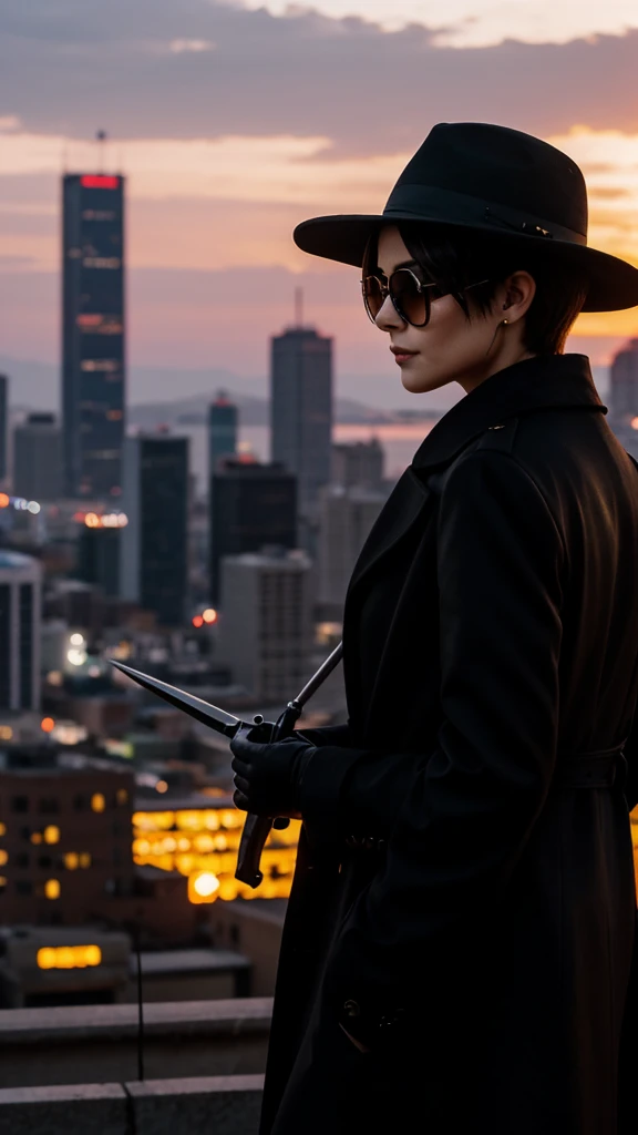 A city with a beautiful sunset with a woman with short hair and dark glasses and a black coat and black hat and a skull mask and an eye patch and an improved Snipper and aiming