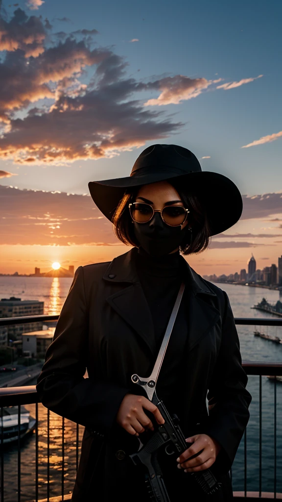 A city with a beautiful sunset with a woman with short hair and dark glasses and a black coat and black hat and a skull mask and an eye patch and an improved Snipper and aiming