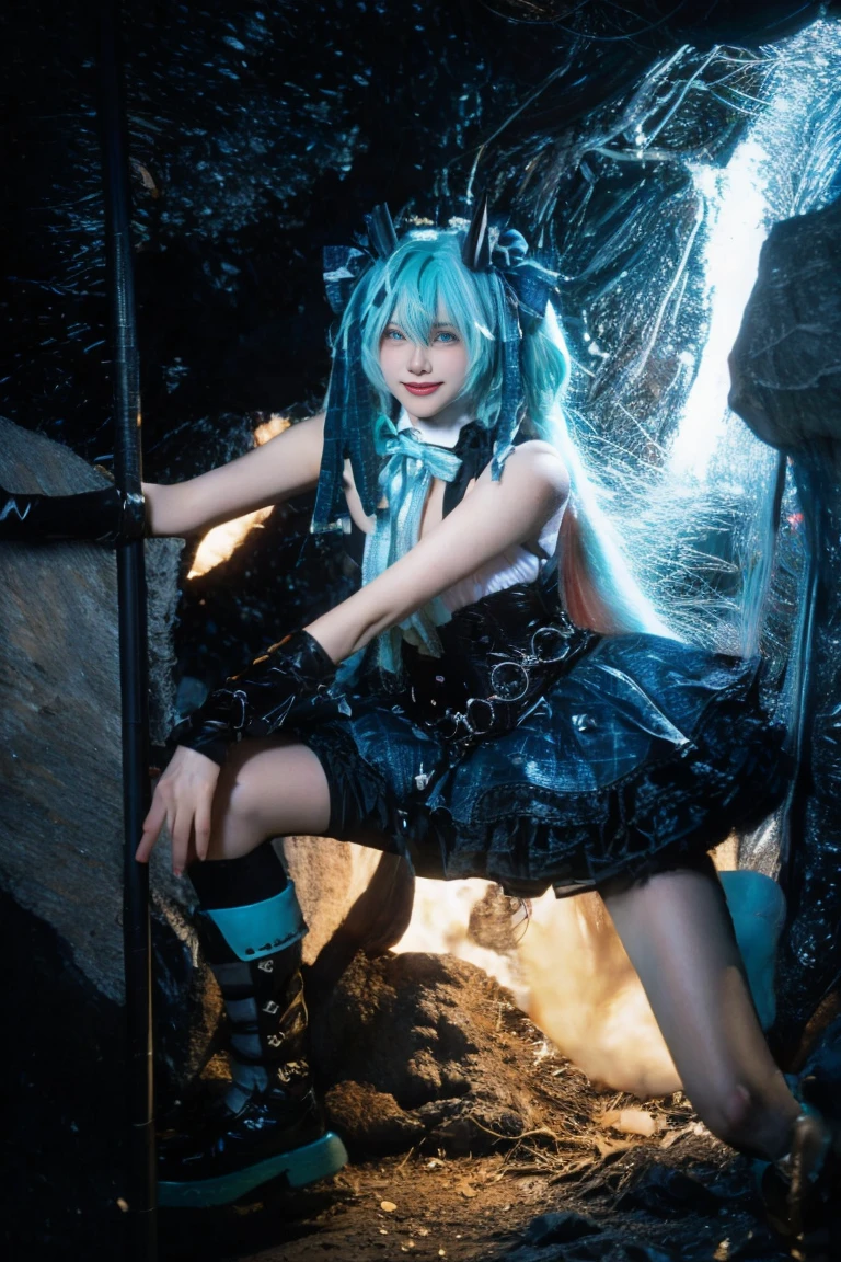 # Miku vocaloid
```((Masterpiece in 8K resolution, Vocaloid style with fusion of natural and industrial elements.)) | Miku, the protagonist of Vocaloid, is a young 22-year-old woman, dressed in a modern outfit consisting of a white sleeveless shirt and a green tie, a black accordion skirt with a green stripe on the bottom string, black lycra stockings and black shoes. Her long light green hair is adorned with two pigtails with black barrettes with neon lights, while a large fringe falls over her right eye. His blue eyes are fixed on the viewer, showing a charming smile that reveals his white teeth. | Miku is located in a majestic cave, surrounded by rock structures, a gently flowing waterfall, metal structures and wood. | Low angle composition, emphasizing the grandeur of the cave and the beauty of Miku. | Lighting mixed with neon lights and soft ambient lights, highlighting the textures of the rock and metallic structures. | Miku, the protagonist of Vocaloid, in a surprising environment that combines natural and industrial elements. | The camera is positioned very close to her, revealing her entire body as she assumes a dynamic-pose, interacting with a rocky structure near the waterfall in an exciting way. | (((She takes a dynamic-pose as she interacts, confidently leaning on the rocky structure, looking directly at the viewer with a captivating smile.))), (((((full-body_portrait))))), ((perfect_pose, perfect_anatomy, perfect_body)), ((better_hands, perfect_fingers, perfect_hands):0.4), ((perfect_composition, perfect_design, perfect_layout, perfect_detail, ultra_detailed)), More Detail, Enhance```