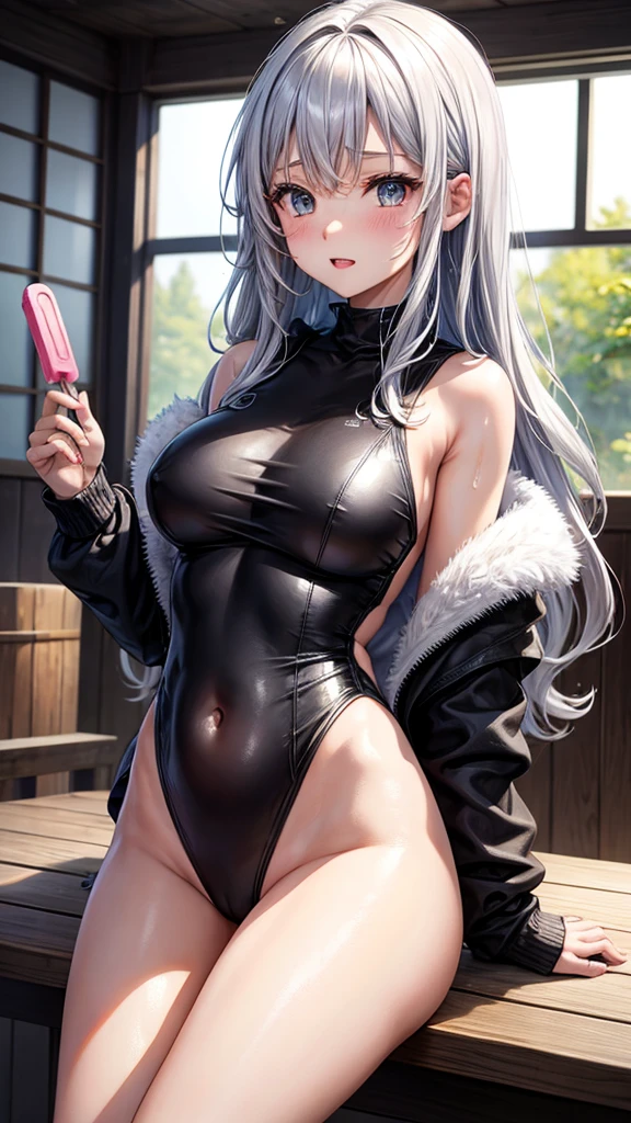 (highest quality)), ((masterpiece)), (family friendly), Perfect Face,Shiny skin,Beautiful breasts,Kyoto Animation style drawing,Shiny skin、hoodie、Sunburned skin、Sweat、Off the shoulder、((leotard))、Double teeth、Sit on a chair、(((Leg spread)))
、Young、Big Breasts、Embrace、hot spring、dark skin、close、near、Having popsicles、night、Silver Hair、Wavy Hair、bath towel、(((Belly button)))、See-through、Black hoodie
