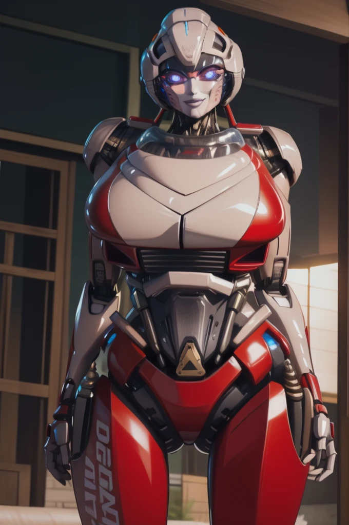 best quality, glossy, 4k, ((artwork)), extremely detailed, 8k, beautiful, MILF, hot woman, robotic woman, metallic skin, metal hair, glowing eyes, big breasts, bodywork details, smile face