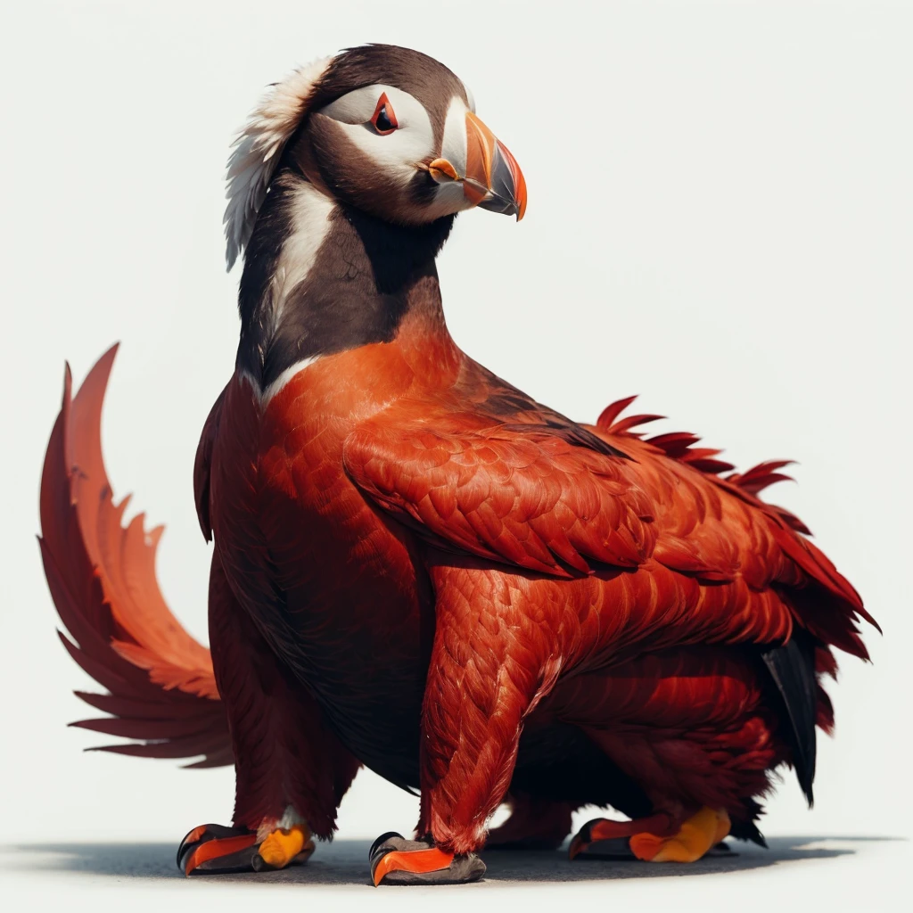 Big Animaly, chicken mixed with Lamia, reds colour skins, Grassroots background, (white background simpleks), (Puffin head)