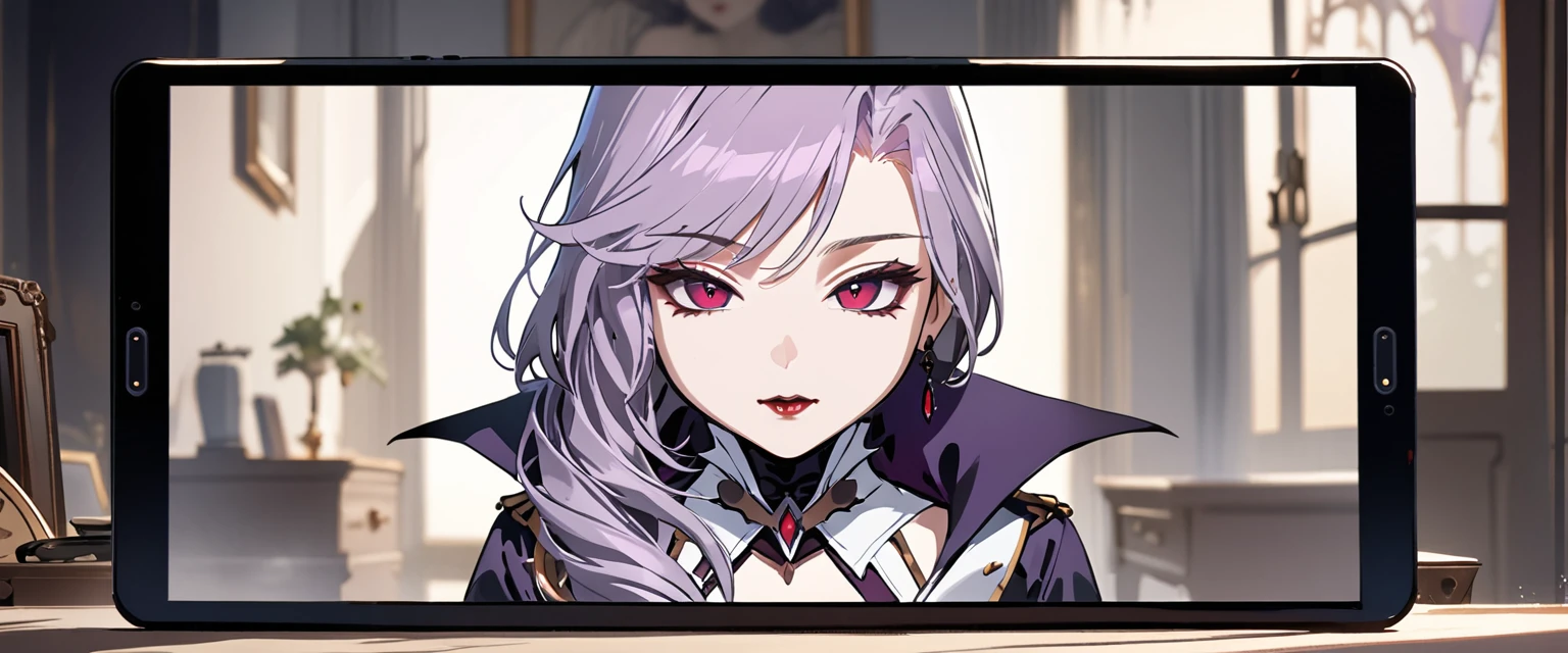 (masterpiece, best quality:1.2), 1girl, solo, Sonata, vampire, purple hair, in hads white tablet screen to viewer, curiosity