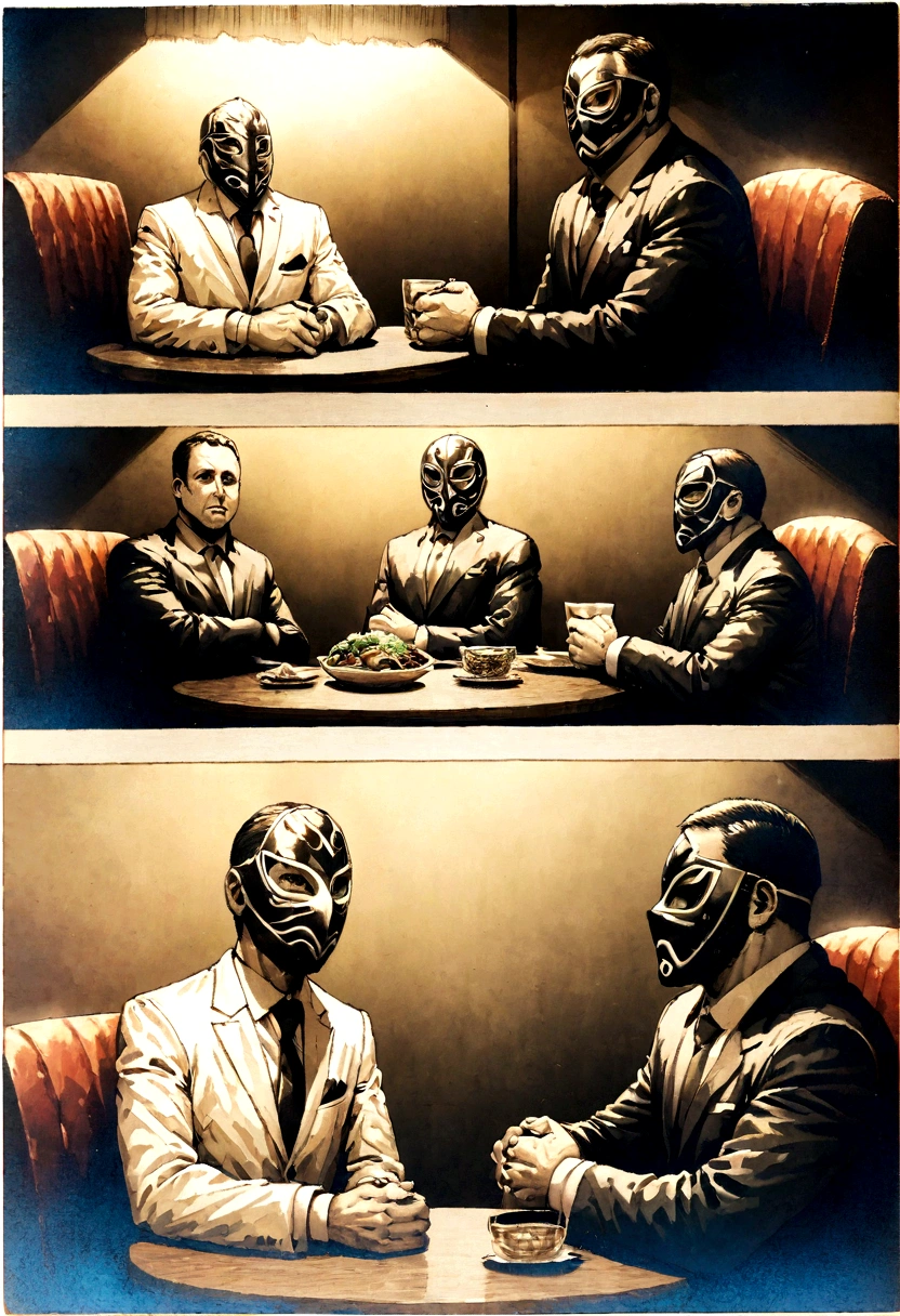 comic artwork of a man in a business suit, wearing a wrestling mask, sitting at a dinner table, crosshatching, 2D, Sharp, Detailed, HD, HDR, High Quality, High Resolution, Masterpiece, single panel