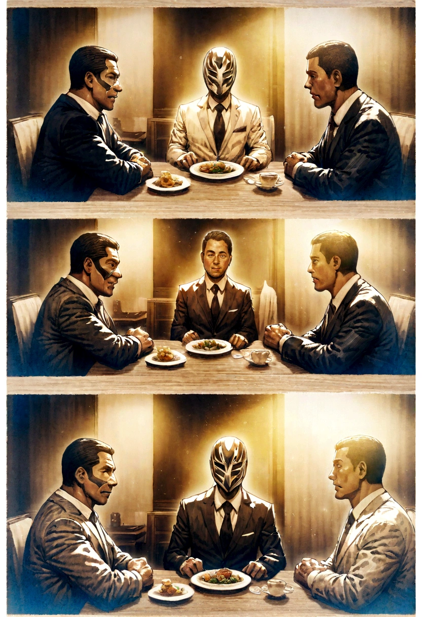 comic artwork of a man in a business suit, wearing a wrestling mask, sitting at a dinner table, crosshatching, 2D, Sharp, Detailed, HD, HDR, High Quality, High Resolution, Masterpiece, single panel