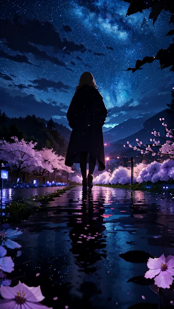 1people々々々々,Blonde long hair,Long coat,silhouette, Rear View,Space Sky, milky way, Anime Style, cherry blossoms,夜cherry blossoms,Hydrangeas bloom all around,Rainy night view from the mountainside,