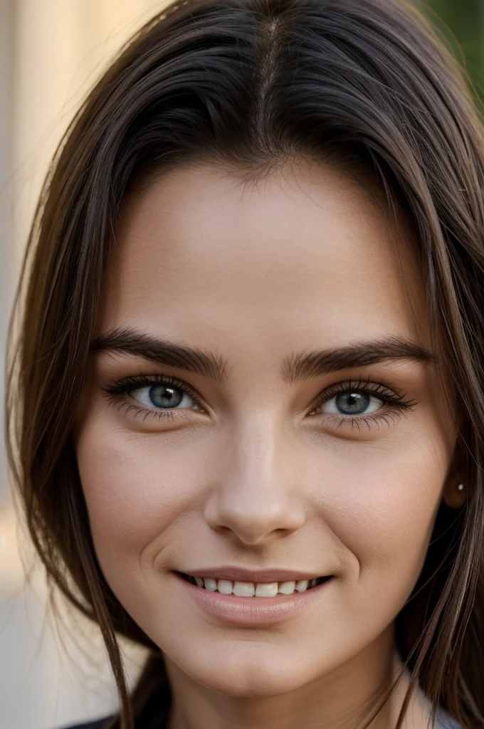 Portrait réaliste d’une jeune femme de 25 ans caucasienne avec un petit visage, des yeux sournois, des sourcils rapprochés des yeux accentuant le regard sournois, un joli sourire avec un rectus, de long cheveux bouclés très noirs et fluffy.
L’arrière plan pourrait être un village italien en été.