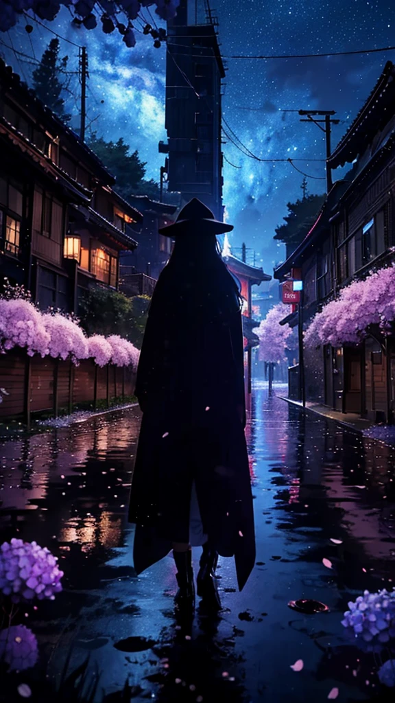 1people々々々々,Blonde long hair,Long coat,silhouette, Rear View,Space Sky, milky way, Anime Style, cherry blossoms,夜cherry blossoms,Hydrangeas bloom all around,Rainy night view from the mountainside,