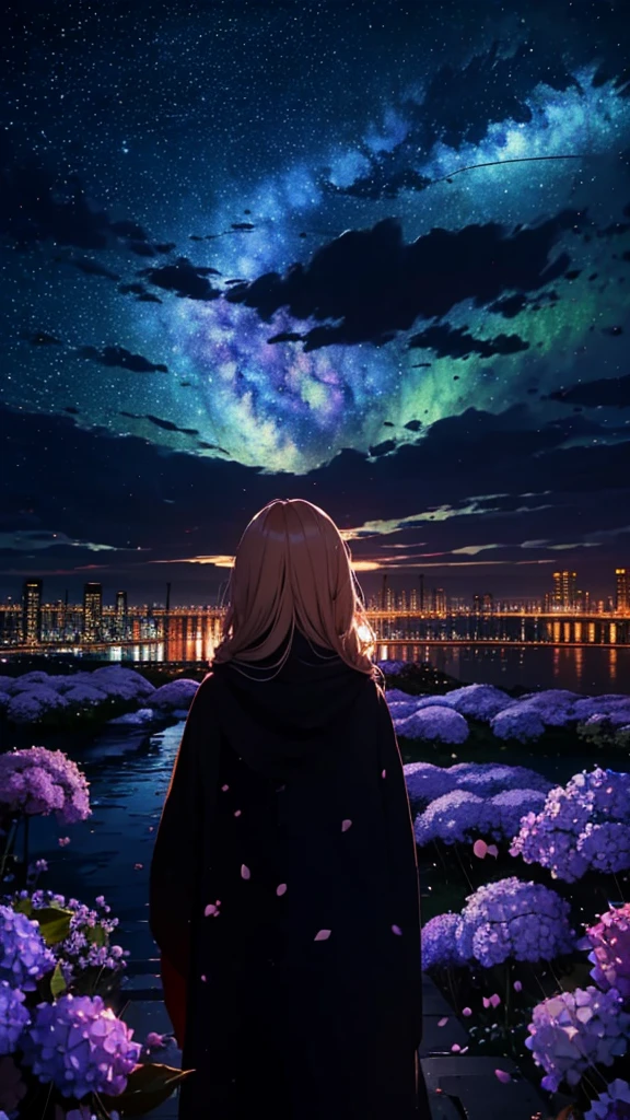 1people々々々々,Blonde long hair,Long coat,silhouette, Rear View,Space Sky, milky way, Anime Style, cherry blossoms,夜cherry blossoms,Hydrangeas bloom all around,Rainy night view from the mountainside,