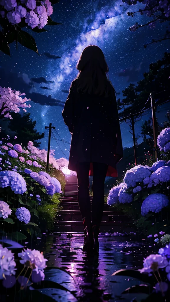 １people々々々々,Blonde long hair，Long coat，silhouette， Rear View，Space Sky, milky way, Anime Style, cherry blossoms，夜cherry blossoms，Hydrangeas bloom all around，Rainy night view from the mountainside，