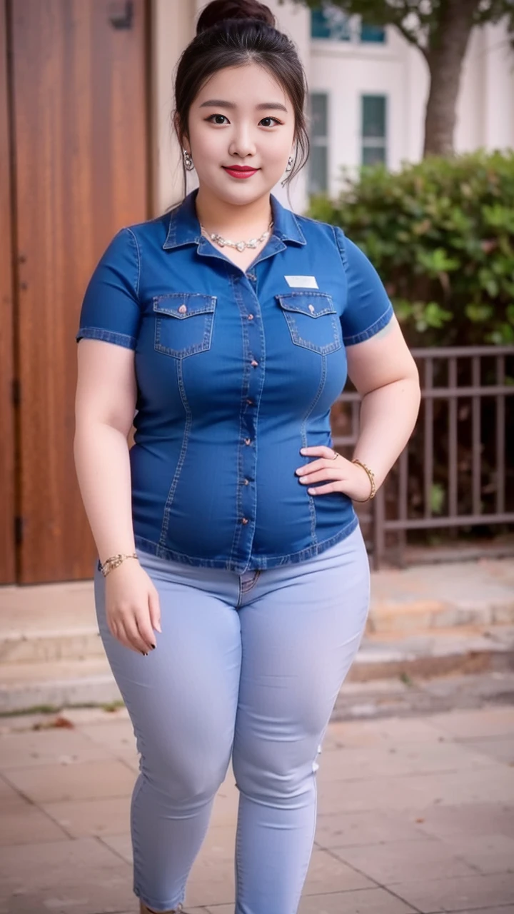 ((best quality)), ((masterpiece)), (detailed), perfect face, araffe woman in a long dark-blue shirt and blue denim skirt walking down a street, thicc, wavy short hair , she has a jiggly fat round belly, bbwchan, wearing tight simple clothes, skinny waist and thick hips, widest hips, her belly is fat and round, soft curvy shape, hyperrealistic full figure, wearing a cute top, wide hips, wearing 10 bracelet , wearing huge diamond necklace