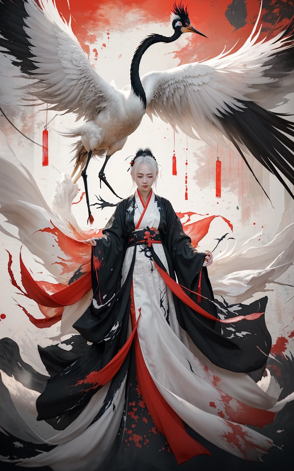 Ink Painting, Ink Painting, Ink splash, Ink splatter, calligraphy, Chinese characters, Chinese character background red-crowned crane 1girl white hair, Hanfu,
A shot full of tension(The sky is reddened,visual impact,使海报具有动感和visual impact力:1.2),Chinese Zen style,impactful picture,
