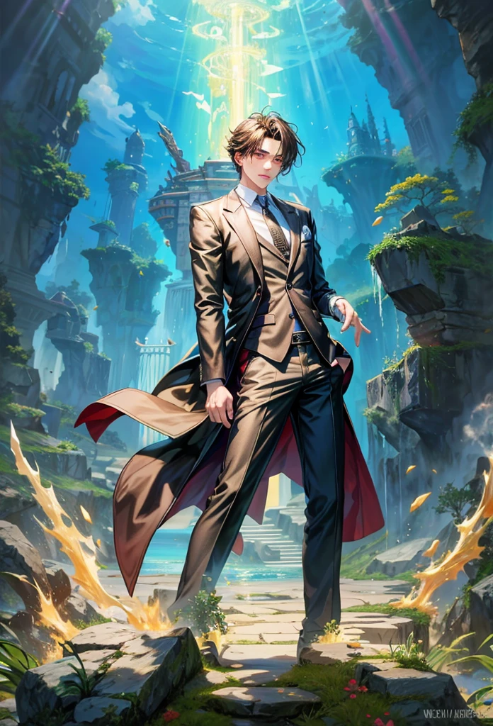 masterpiece, high quality, 20 years old man wearing a black suit jacket, rim lighting