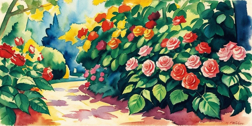 august macke style watercolor floral painting rose plants under sunshine