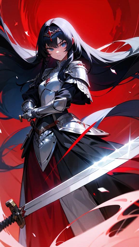 (Long Hair) (Black Hair) (Silver Armor) (Crimson Moon) (Dark blue eyes) (Carry a long sword),beautiful girl,One person,hold a long sword