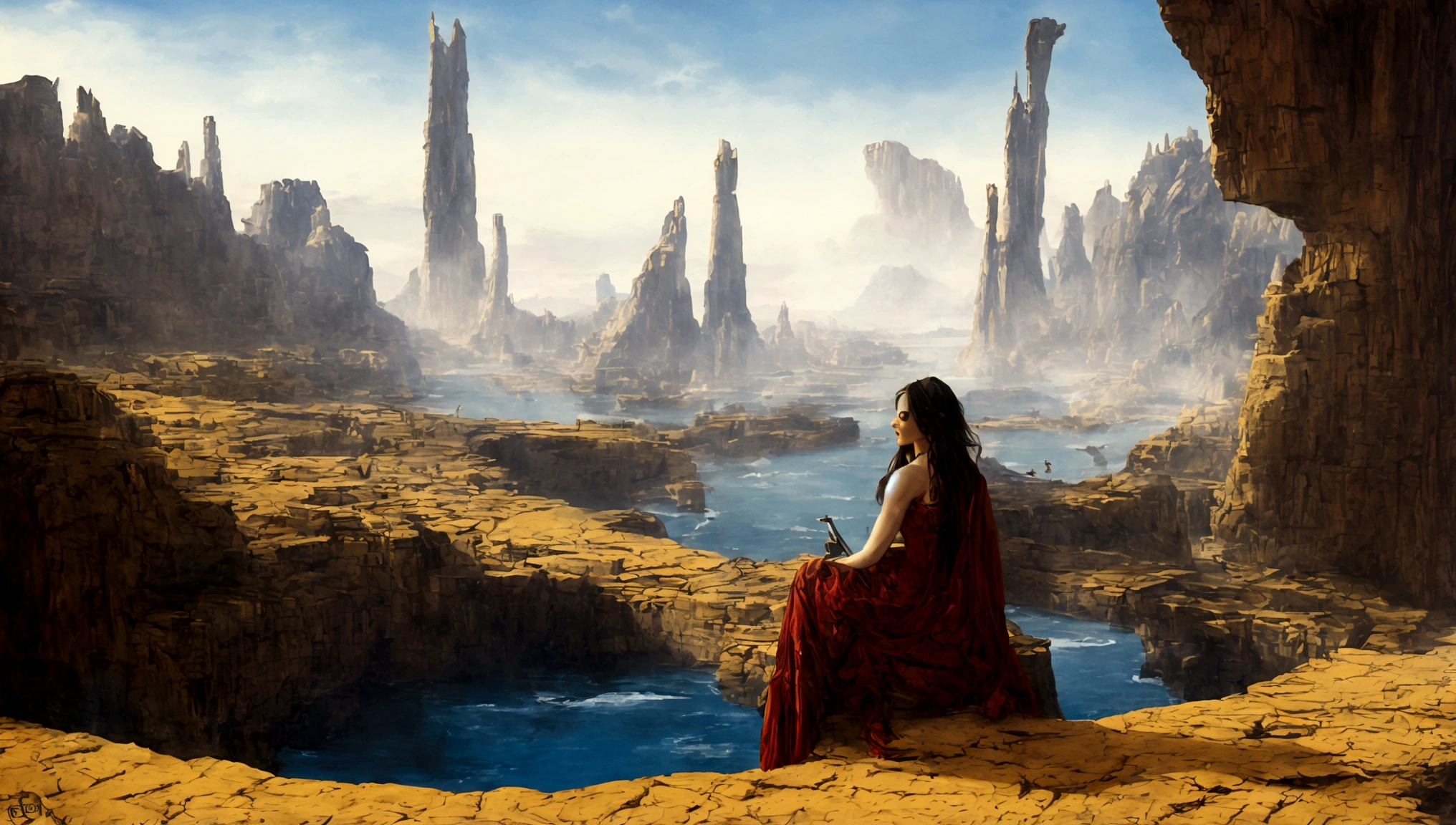 painting of a woman sitting on a bridge overlooking a futuristic city, Bonestell, science fiction art, Directed by: Jim Burns, Syd Mead e Mark Brooks, Michael Whelan e Gustave Done, E McPharlin, Wayne Douglas Barlowe, Martian City, science fiction painting, ONU e Michael Whelan, ancient science fiction art, Science fiction landscape, Barlowe, Michael Whelan Arte