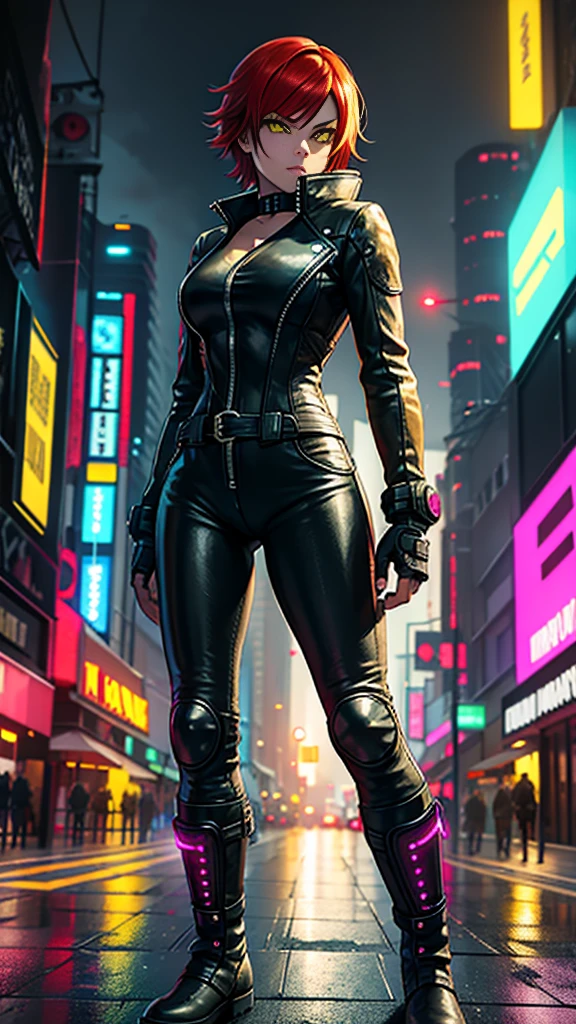 biker girl, motorcycle, Leather one-piece garment, Short hair, yellow glowing eyes, Dark colors, Cyberpunk, Neon lights, Red hair, long boots, tightsuit, Night, the city street, mitts, rain