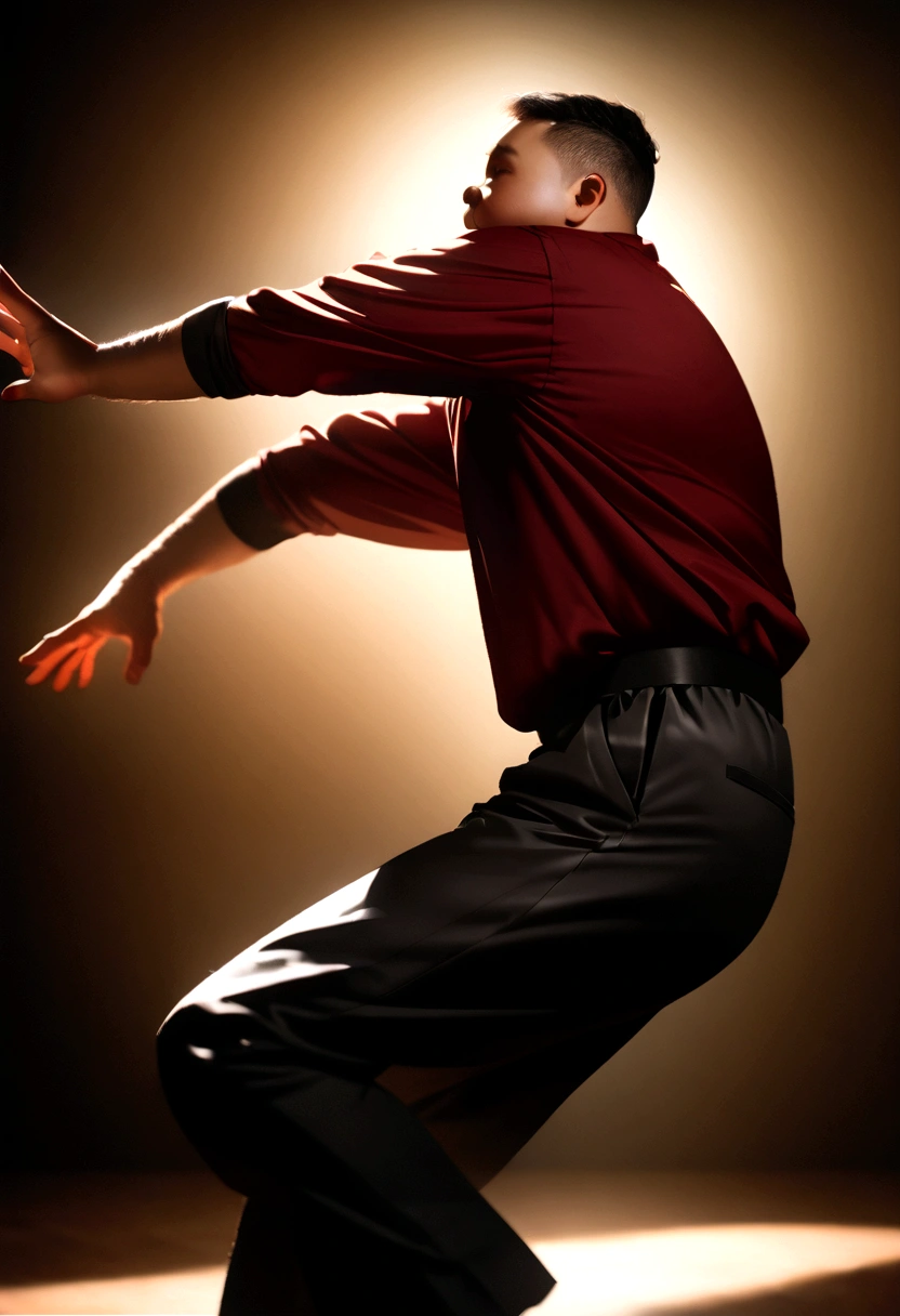 young chubby man, in red turtleneck shirt, gold color, dynamic pose, side view, light background, front lighting, medium shot, high quality photo, realistic --ar 2:3 --v 5