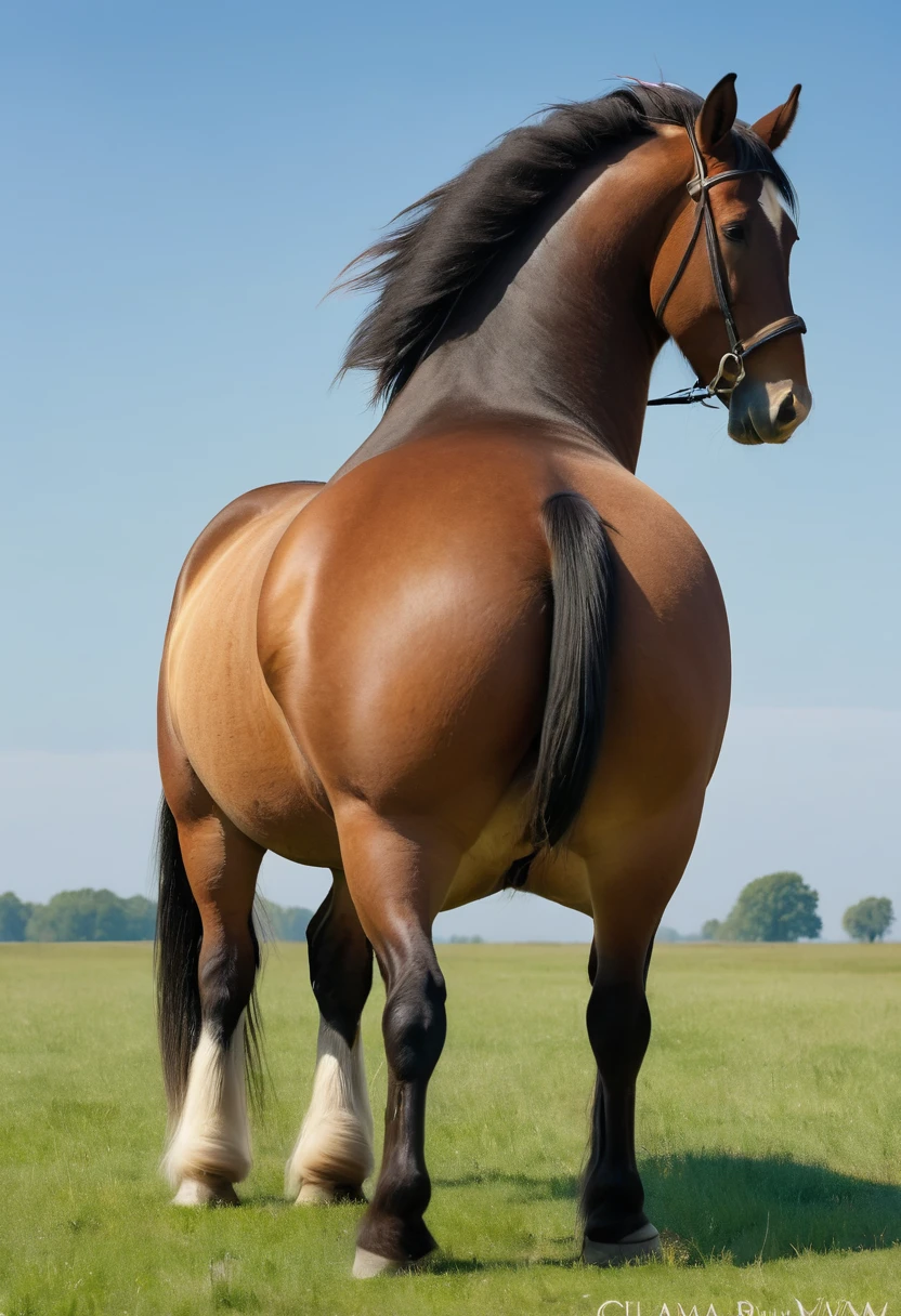 大きく太ったベルギーのドラフト馬の牝馬. 大きな尻. とても短い尻尾. 地平線を向く馬 . とても満ち足りた, とてもダークな肌の - SeaArt  AI