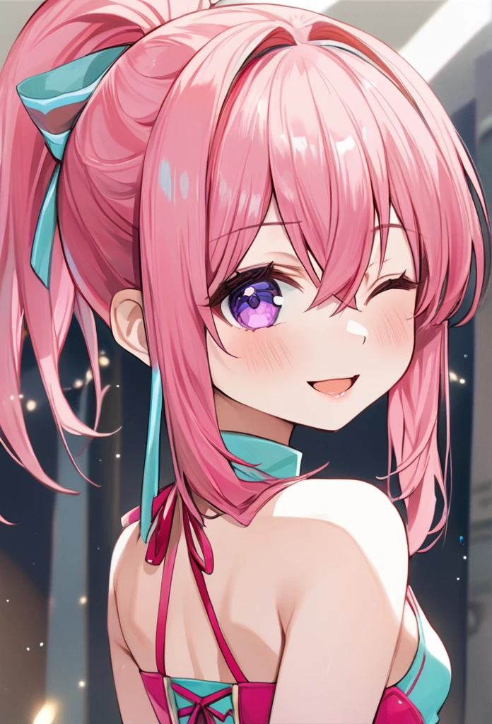 (((masterpiece)))(((Highest quality)))(((8K)))(((4K)))One Little Girl、 years old、(Straight Hair)、voluminous ponytail(Pink Hair)(((Pink high ponytail)))、Ribbon on head、Crossed bangs、Light purple eyes、(((Squint your eyes)))、((Smile with your mouth closed))、(((Cute Mini Dresses)))、Small breasts, from behind、turn around、From the waist up、Anime Style