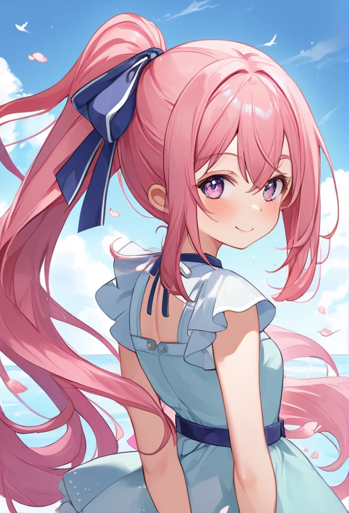(((masterpiece)))(((Highest quality)))(((8K)))(((4K)))One Little Girl、 years old、(Straight Hair)、voluminous ponytail(Pink Hair)(((Pink high ponytail)))、Ribbon on head、Crossed bangs、Light purple eyes、(((Squint your eyes)))、((Smile with your mouth closed))、(((Cute Mini Dresses)))、Small breasts, from behind、turn around、From the waist up、Anime Style