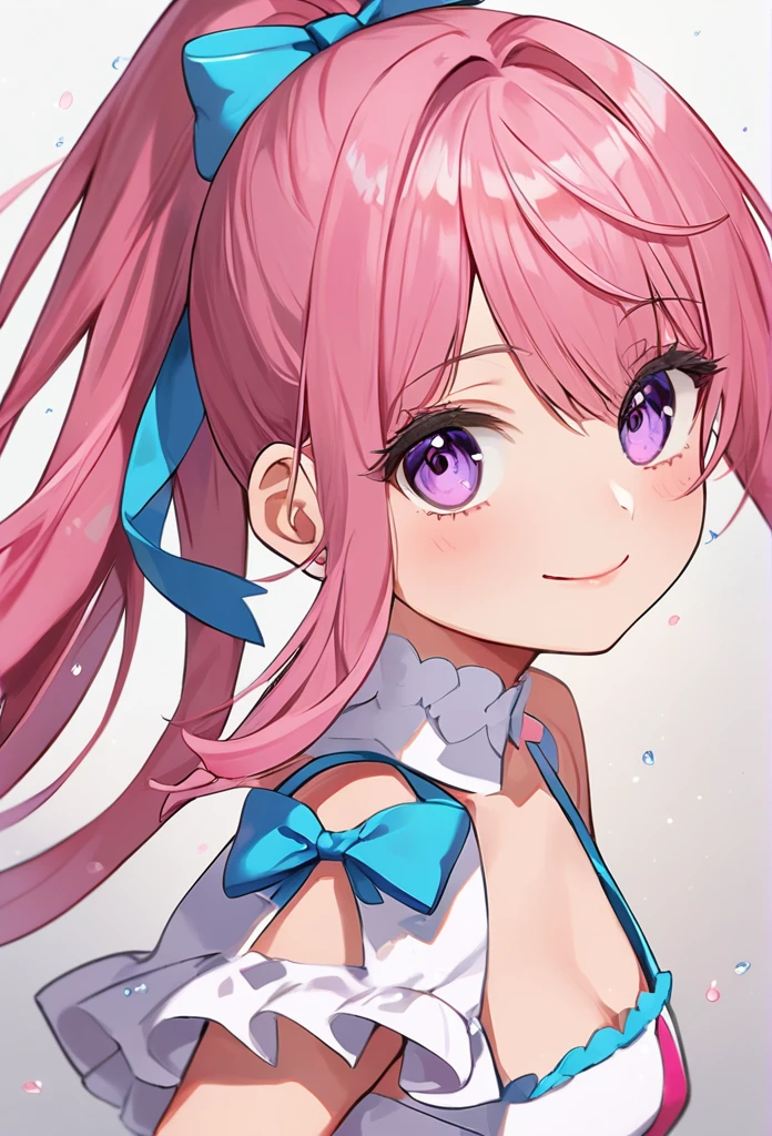 (((masterpiece)))(((Highest quality)))(((8K)))(((4K)))One 、 years old、(Straight Hair)、voluminous ponytail(Pink Hair)(((Pink high ponytail)))、Ribbon on head、Crossed bangs、Light purple eyes、(((Squint your eyes)))、((Smile with your mouth closed))、(((Cute Mini Dresses)))、Small breasts, from behind、turn around、From the waist up、Anime Style