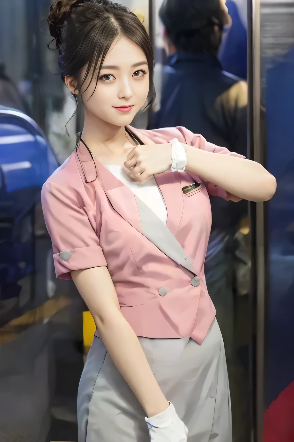(masterpiece:1.2, Highest quality:1.2), 32k HDR, High resolution, (alone、1 girl)、 (Height: 160cm)、（On the rooftop of a building in the daytime、Professional Lighting）、Building rooftop background、（Nankai train crew uniform pinkを着たリアルスタイル）、（Nankai train crew uniform pink short sleeve collarless pink jacket、Nankai Train Crew Uniform Pink Collarless Short Sleeve Blouse、Nankai Train Crew Uniform Pink Grey Knee-length Culottes）、（The pink jacket is showing from the culottes.）、Dark brown hair、（Hair tied up、Hair tied up、Evening curly hairstyle）、Dark brown hair、Long Shot、Big Breasts、Thin legs、（（Great hands：2.0）），（（Harmonious body proportions：1.5）），（（Normal limbs：2.0）），（（Normal finger：2.0）），（（Delicate eyes：2.0）），（（Normal eyes：2.0））)、smile、（Nankai Train Crew Uniform Pink Grey Knee-length Culottesを見せた美しい歩く姿）、Place your hands around your stomach、Lanyard employee ID card