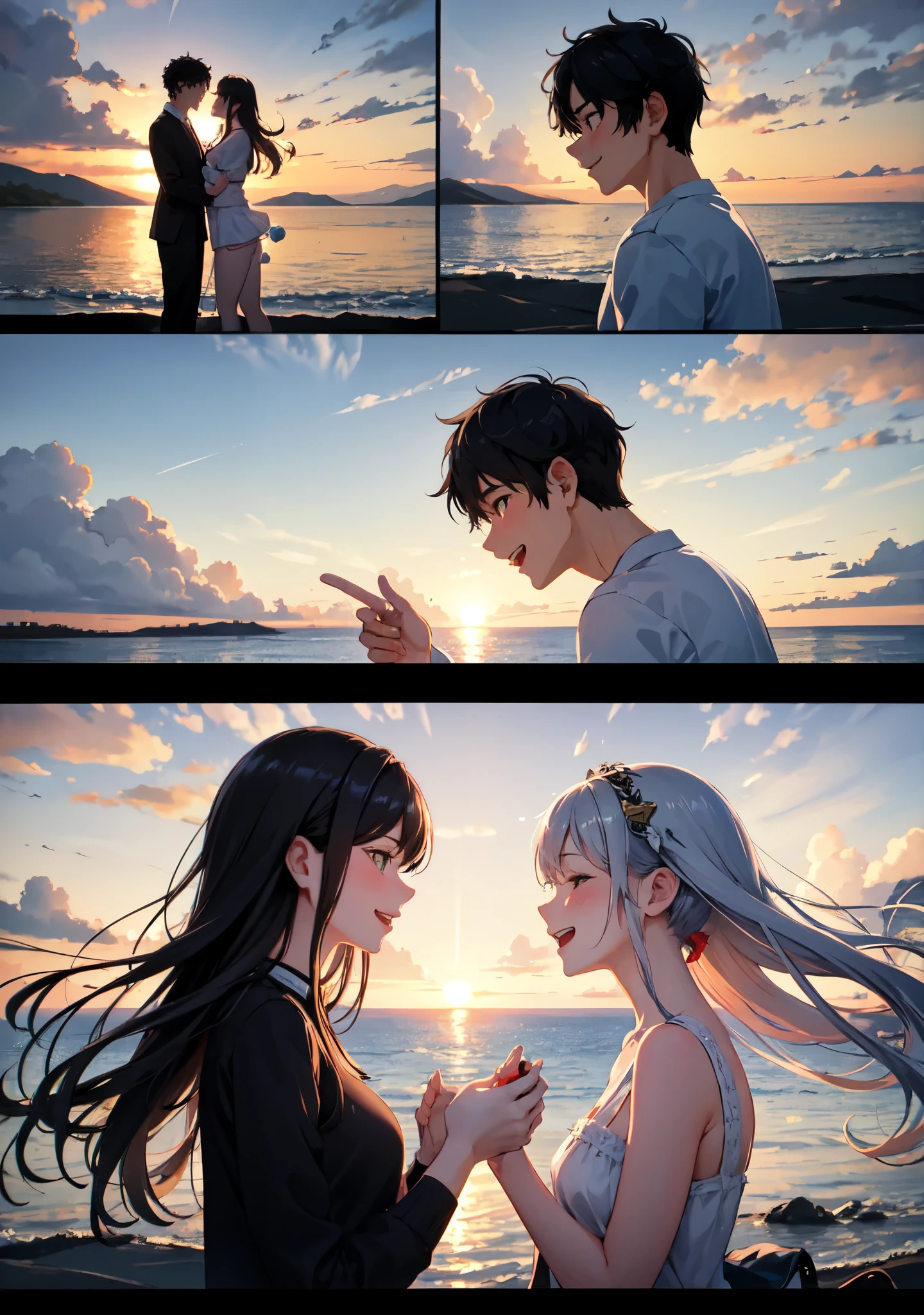 Illustrating moments of shared joy and companionship between the couple heterosexual. They are depicted watching countless sunsets together, exchanging loving glances, and sharing laughter over inside jokes.