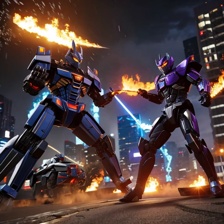 A transformer based on a spider (Decepticon) fights a transformer themed around a Cheetah (Autobot), robot battle in New York, explosions, high action