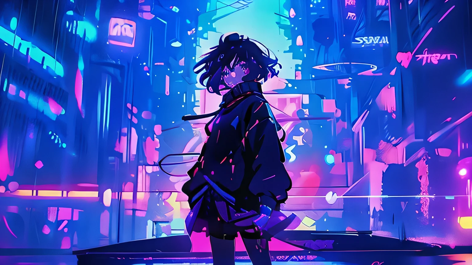 Anime style sexy woman, neon lights over water, wearing a sweatshirt, with a skirt, standing on a bridge, neon colors in the sky, the colors seemed to be painted