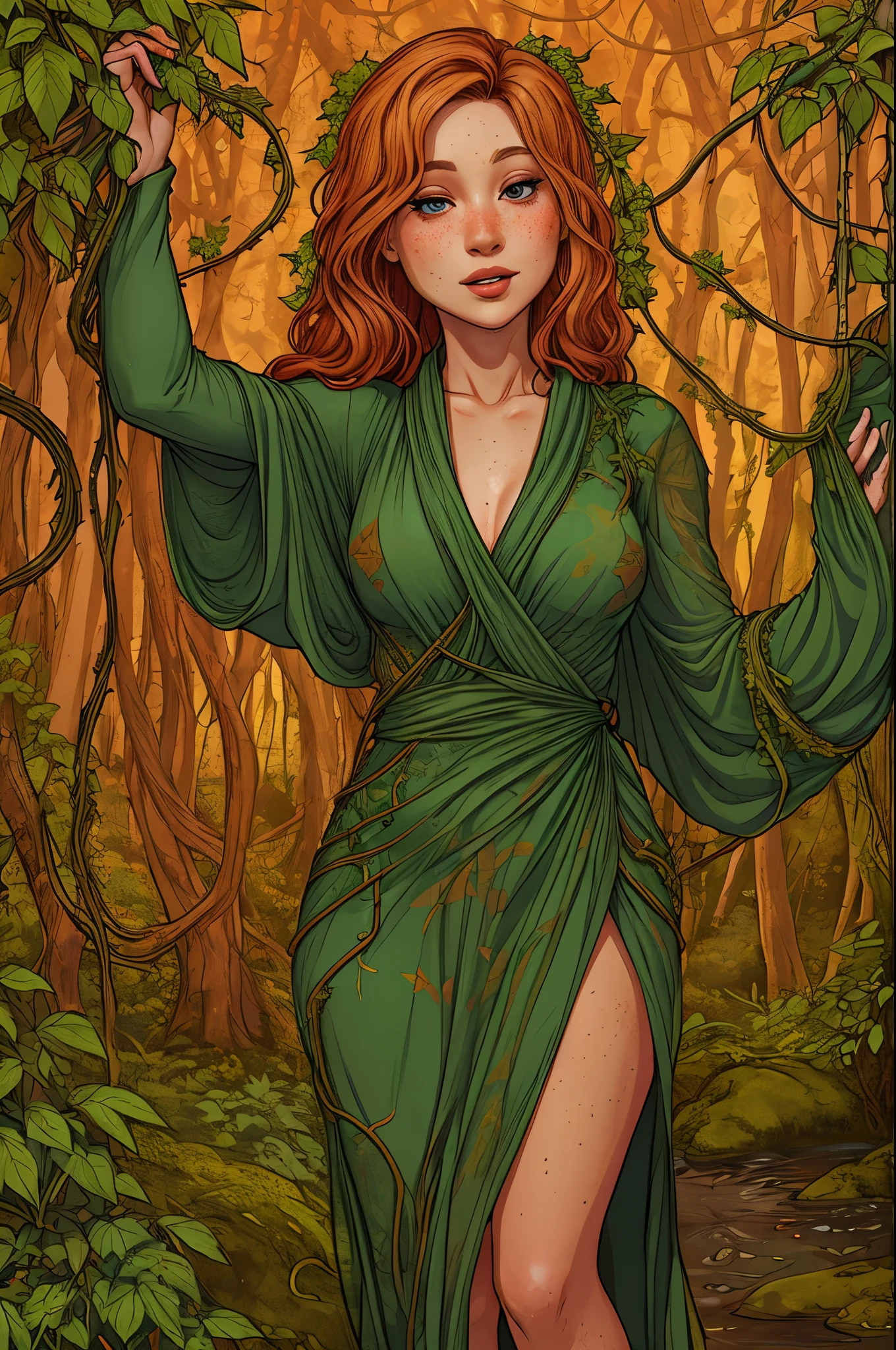 rubenesque woman, standing in a forest glade, small brook, woman, reddish-blonde, freckles, ((covered in vines)), naked, druidess, vines, robe of vines and leaves, pinup
