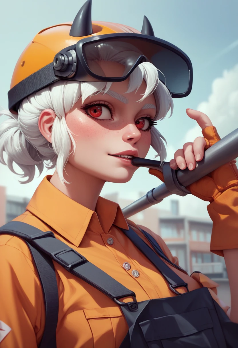 A female construction worker, as a Helltaker character with short white hair, wearing an Adrian helmet