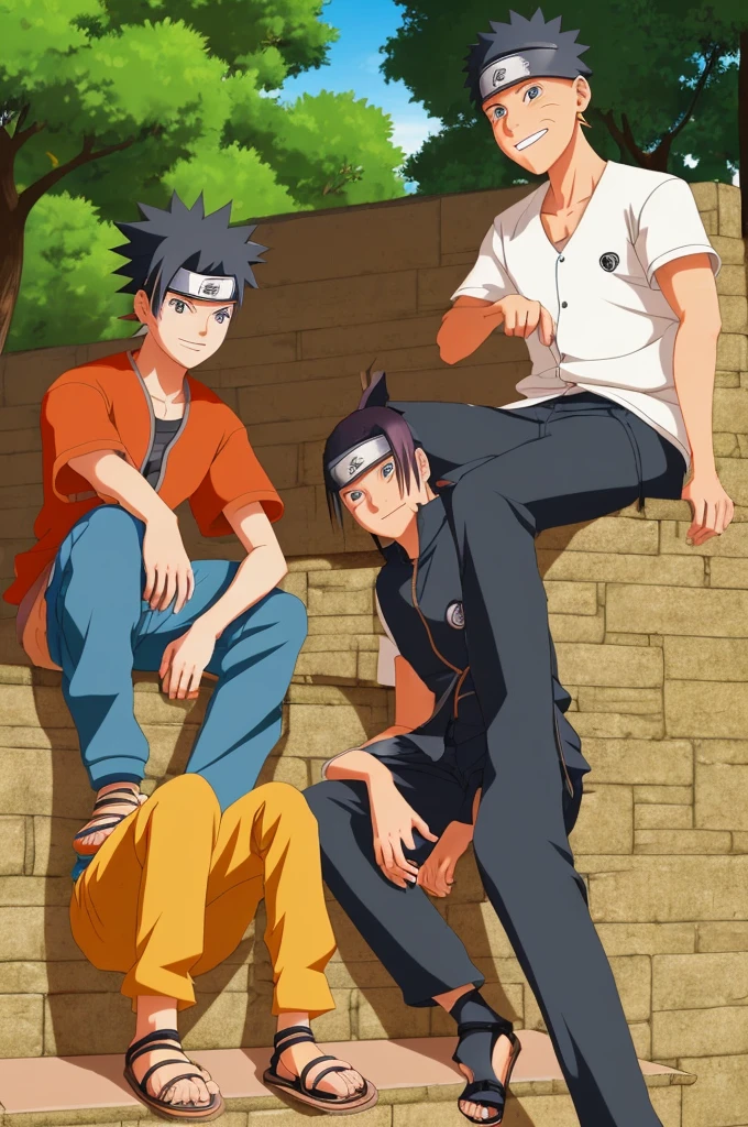 a naruto-style cartoon image of two well-dressed young men who are talking and smoking marijuana and sitting on a short wall, they are near a lawn and the sun is setting
