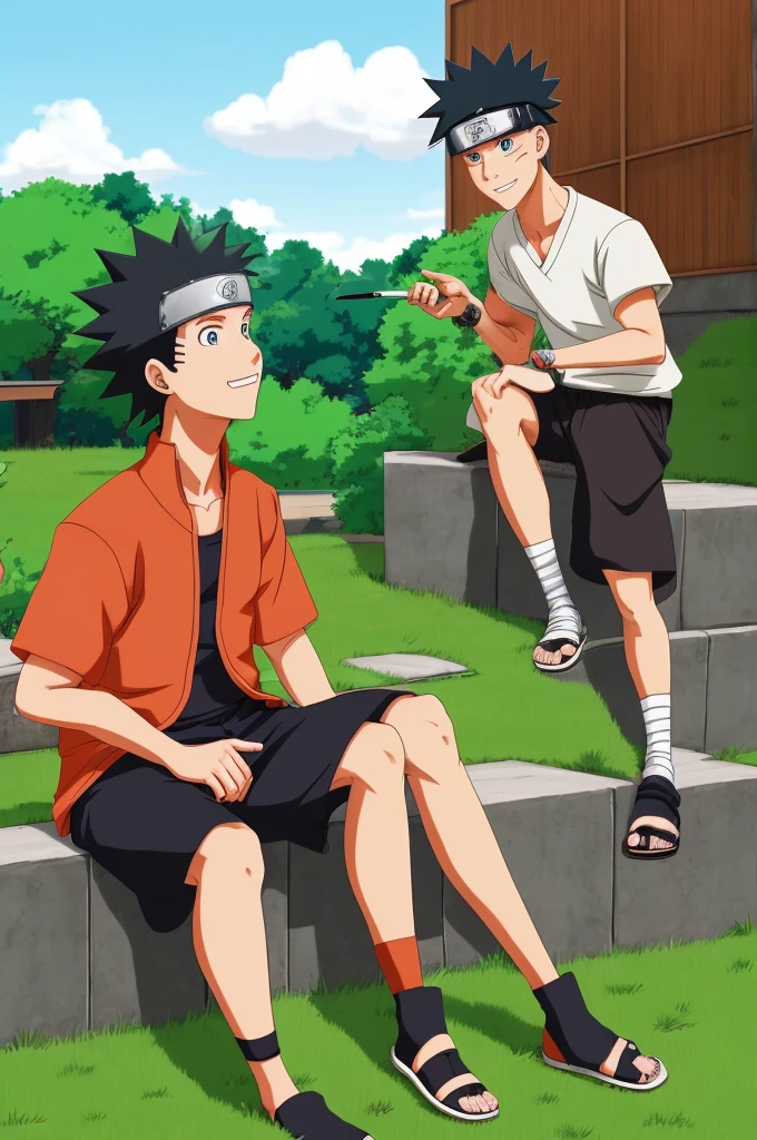 a naruto-style cartoon image of two well-dressed young men who are talking and smoking marijuana and sitting on a short wall, they are near a lawn and the sun is setting