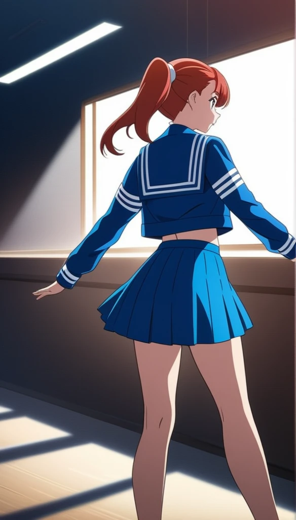 Skirt fully visible、Stripes々Panties、From the back(Anime artwork, Anime Style, Studio Anime, Very detailed, Latest, Vibrant, Anime Coloring, High Contrast, masterpiece:1.2, highest quality, Best aesthetics), A woman wearing a sailor suit, Pleated skirt, Medium chest, Thighs glimpsed, Redhead, Side Ponytail, Asymmetrical bangs, Perfect Proportions, Skin with attention to detail, cute, Detailed face, Dance Motion, Poses with action, (Accurate fingertips, Browse 4, Thumb 1),