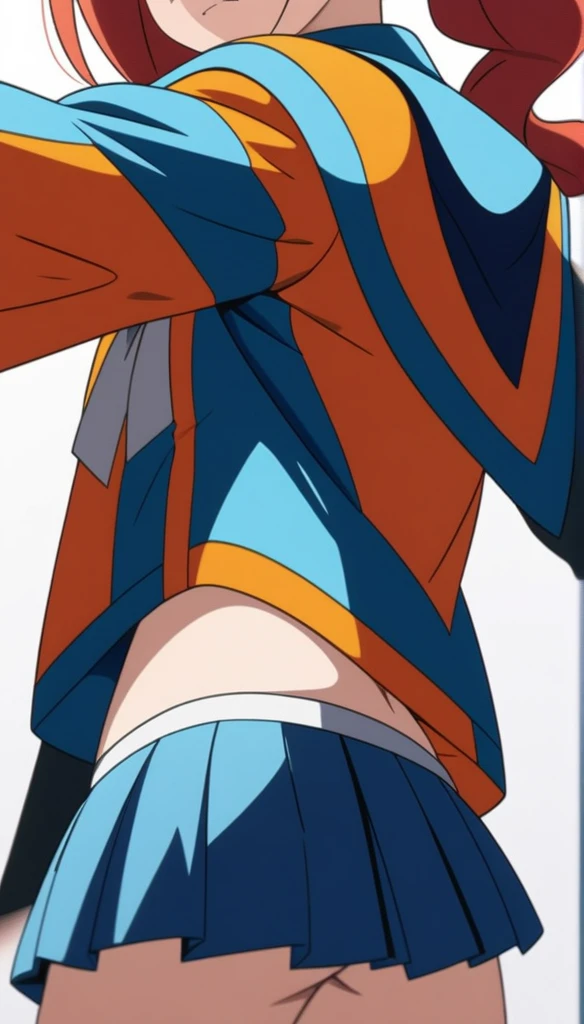 Skirt fully visible、Stripes々Panties、From the back(Anime artwork, Anime Style, Studio Anime, Very detailed, Latest, Vibrant, Anime Coloring, High Contrast, masterpiece:1.2, highest quality, Best aesthetics), A woman wearing a sailor suit, Pleated skirt, Medium chest, Thighs glimpsed, Redhead, Side Ponytail, Asymmetrical bangs, Perfect Proportions, Skin with attention to detail, cute, Detailed face, Dance Motion, Poses with action, (Accurate fingertips, Browse 4, Thumb 1),