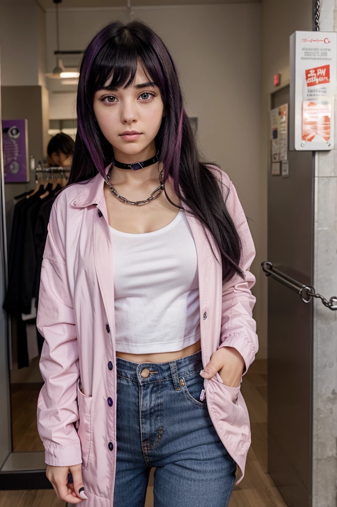 An anime girl with bright beautiful purple eyes, and wearing a cool work jacket with a chain on one hand hanging down, her hair is black and her bangs are Flamingo pink#F6A1B6. The texture of the image is like a jujutsu kaisen image