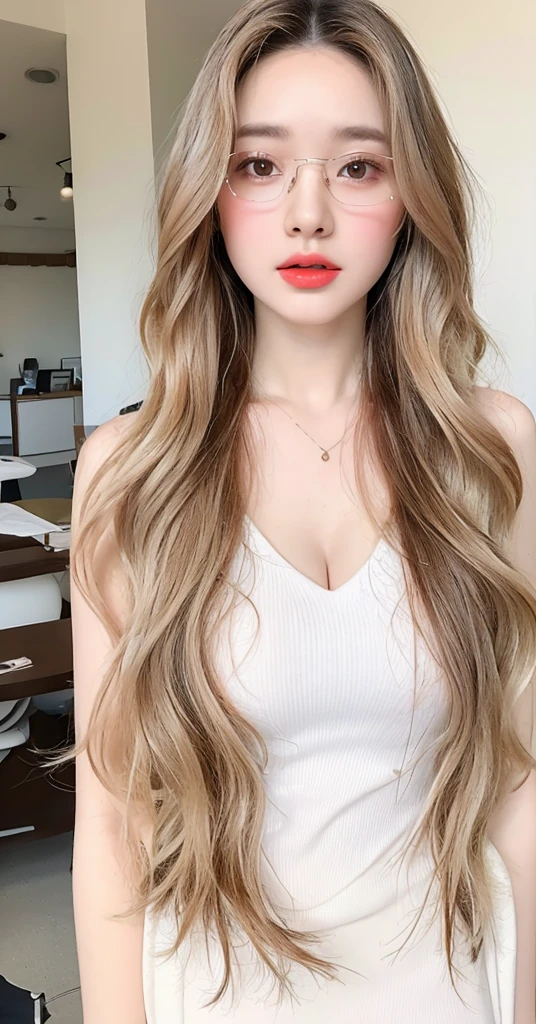 8k, Top image quality、Raw photography、超A high resolution、1 pretty girl, 18-year-old, Korean、Glasses beauty、Colossal tits:1.3、cleavage of the breast:1.3 、(transparent)、open shirt show , ((naked)), (detailed clothing), (detailed ), fair white skin、shiny white skin、(wavy blonde hair)、dark brown hair、dark brown hair、Beautiful eyes with random colors、very thin lips, finely detail、elongated eyes、pale pink blush、long eyeslashes、Beautiful double eyelids、eyeshadows、耳Nipple Ring、Company Office、Lighting that emphasizes beautiful skin、Lustrous skin