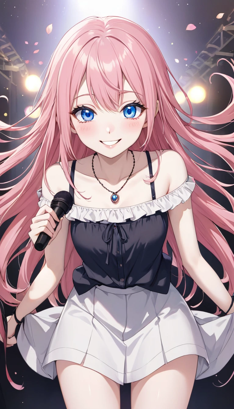 beautiful, female, happy, smiling, wink, looking at viewer, long hair, pink hair, blue eyes, eyes open, big eyes, pale skin, fair skin, tall, skinny, lanky, necklace, with a microphone, cute face, 20-year-old, japanese, Happy Scene, blouse